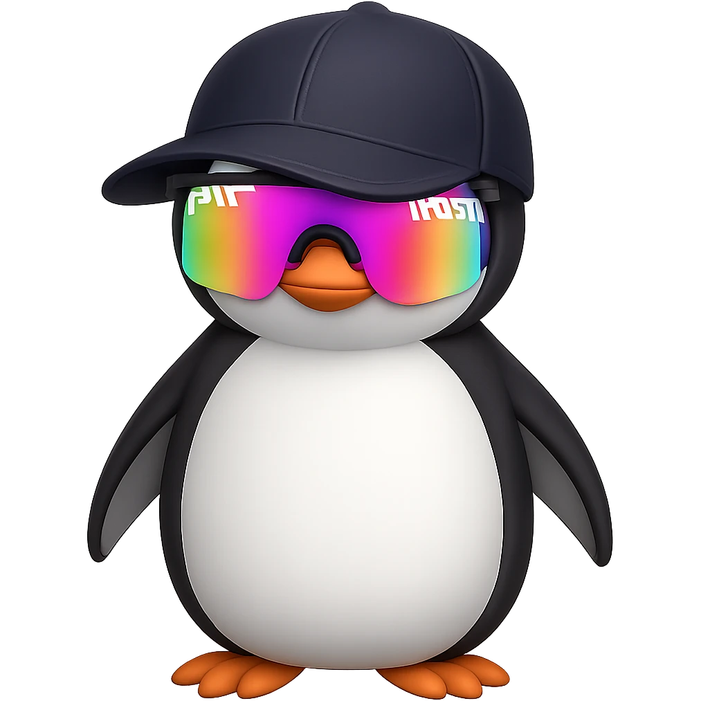 Add Pit Viper style sunglasses to the cute penguin with a baseball cap. Remove the background. Maintain the original style and look of the penguin. emoji