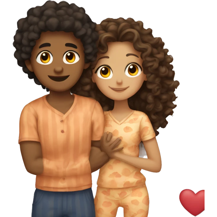 a curly brown haired girl slightly tanned hugging a tanned guy with curly black hair wearing cute pjs emoji