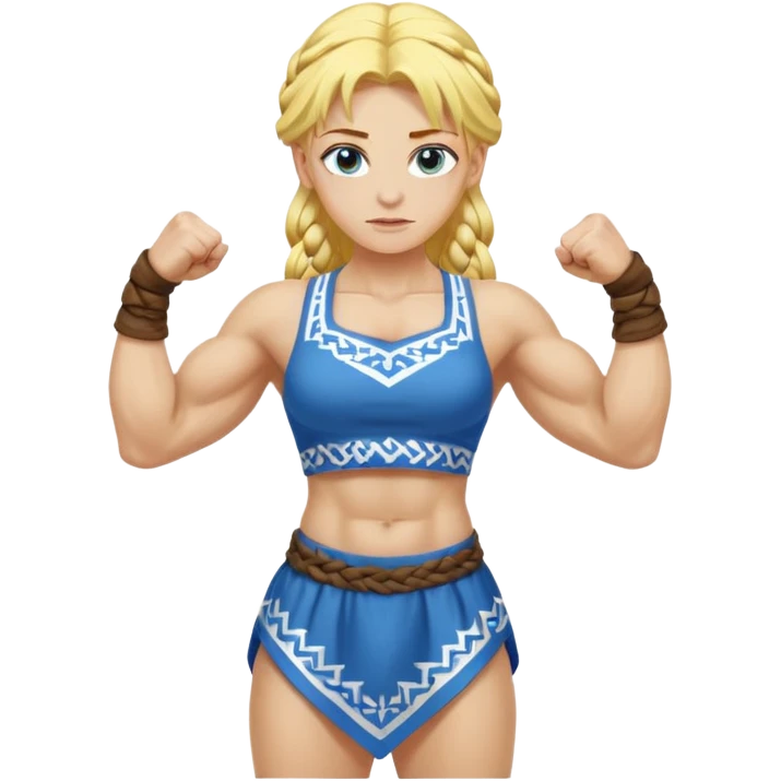 slavic girl, medium size yellow hair, flexing muscles, full body, muscled, with traditional slavic outfit, blue eyes emoji