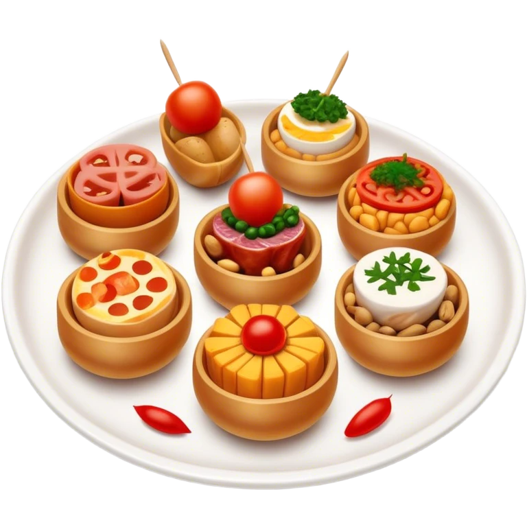 Tapas (4 Pintxos) Cinematic Realistic Tapas Dish Emoji, depicted as an assortment of 4 pintxos elegantly arranged on a plate, rendered with lifelike textures and vibrant, inviting lighting. emoji