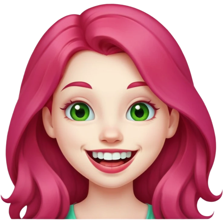 Young girl with pale skin, full pink lips smiling with big teeth, red long hair, big brown eyes with a hint of green, big mouth emoji