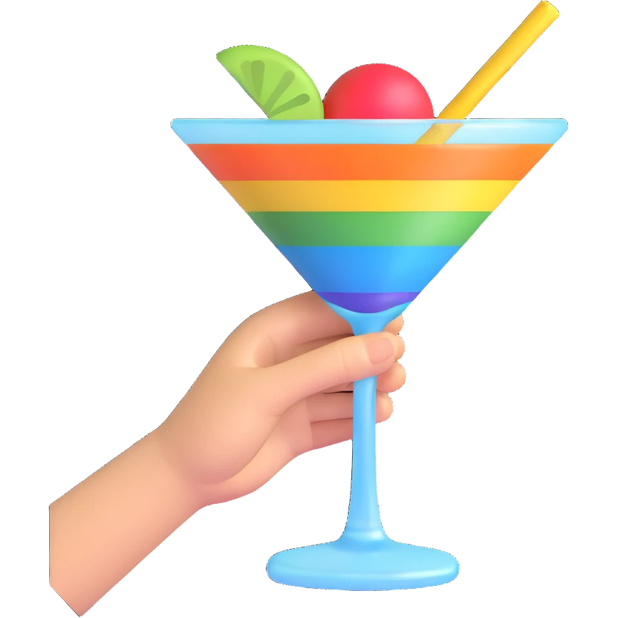 rock 'n' roll emoji hand gesture holding a martini glass, with a rainbow in the background emoji