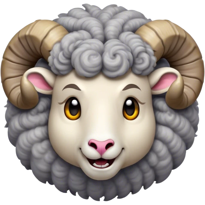 Cinematic Comical Ram Portrait Emoji, Head tilted dramatically with an exaggeratedly amused expression, featuring a striking woolly grey fur with impressively curled horns, wide, expressive dark eyes filled with playful disbelief, Simplified yet hilariously expressive features, highly detailed, glowing with a slightly sassy glow, high shine, dramatic yet playful, stylized with an air of cheeky mischief, bright and endearing, soft glowing outline, capturing the essence of a spirited and over-the-top ram, so meme-worthy it feels like it could butt its way into internet fame instantly! emoji