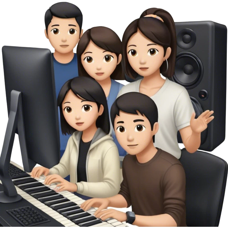 asian male and female in a music studio. one is looking at the computer and two more watching emoji