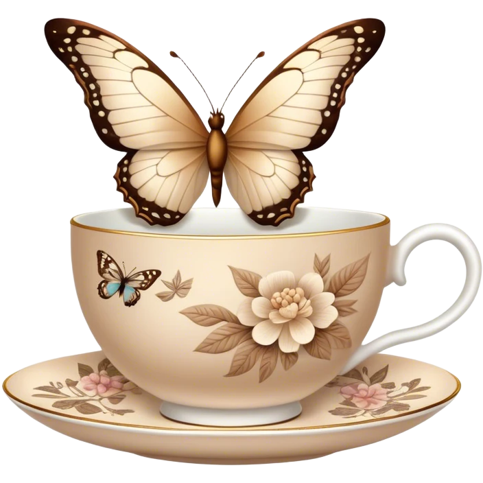 A delicate butterfly with pastel beige  wings, resting on the edge of a perl porcelain teacup adorned with intricate brown floral patterns. emoji