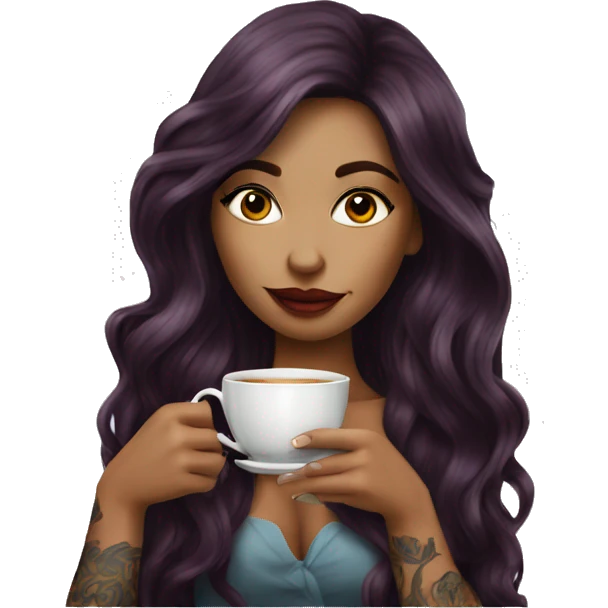Beautiful tattooed  burgundy long haired woman sipping tea emoji