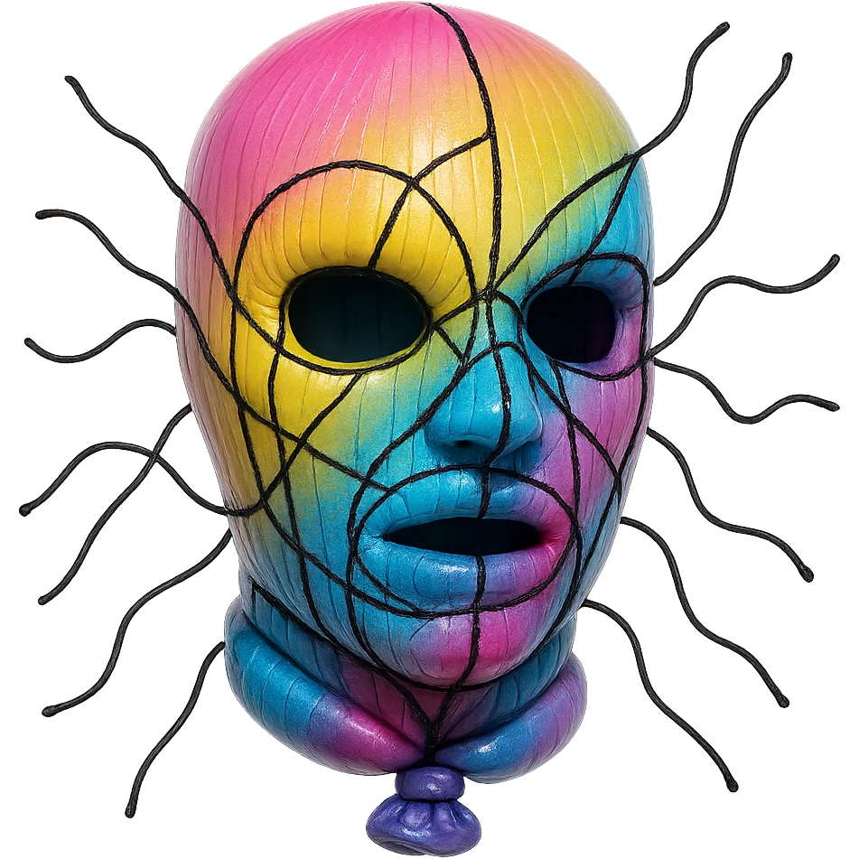 The mask is a full-head, white knitted balaclava with a tight ribbed texture. It features two asymmetrical eye openings and a partially exposed mouth area. Black thread is stitched across the surface in chaotic, abstract lines that trace facial features, giving a hand-drawn effect. Several black cords extend outward from the mask, varying in length and direction, adding a sculptural, almost organic appearance. The overall look is bold, handcrafted, and visually striking. emoji