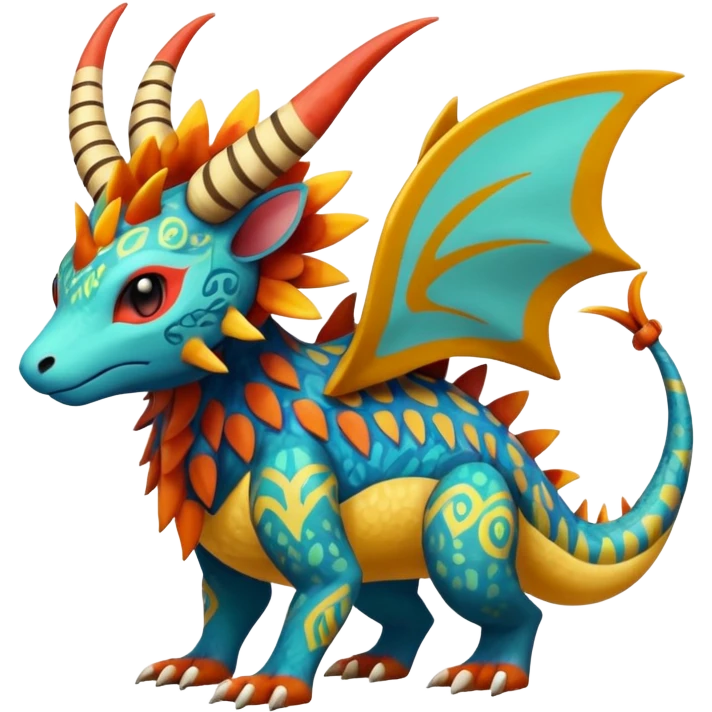 Colorful Exotic La Creatura Pokémon-Fakémon-hybrid-creature (full body) with tribal intricate splash-markings and patterns and furs and scales and spikes and fins and horns  emoji