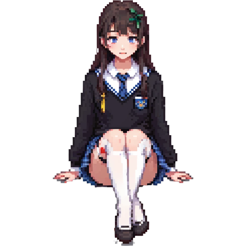 pixel art of a girl sitting, school uniform, legs in white stockings emoji
