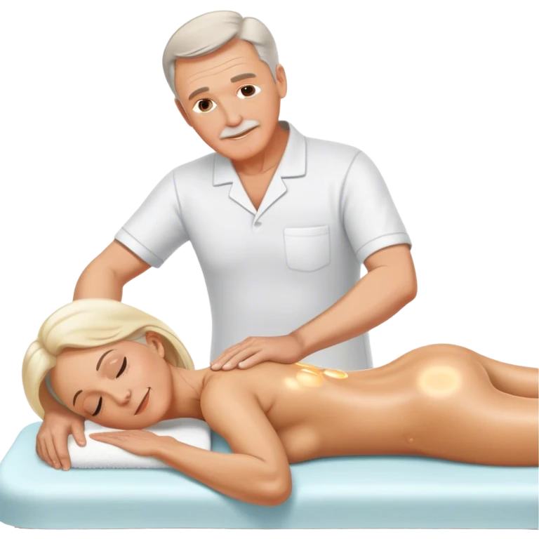 60-year-old white man massaging 60-year-old woman on massage table using oil emoji
