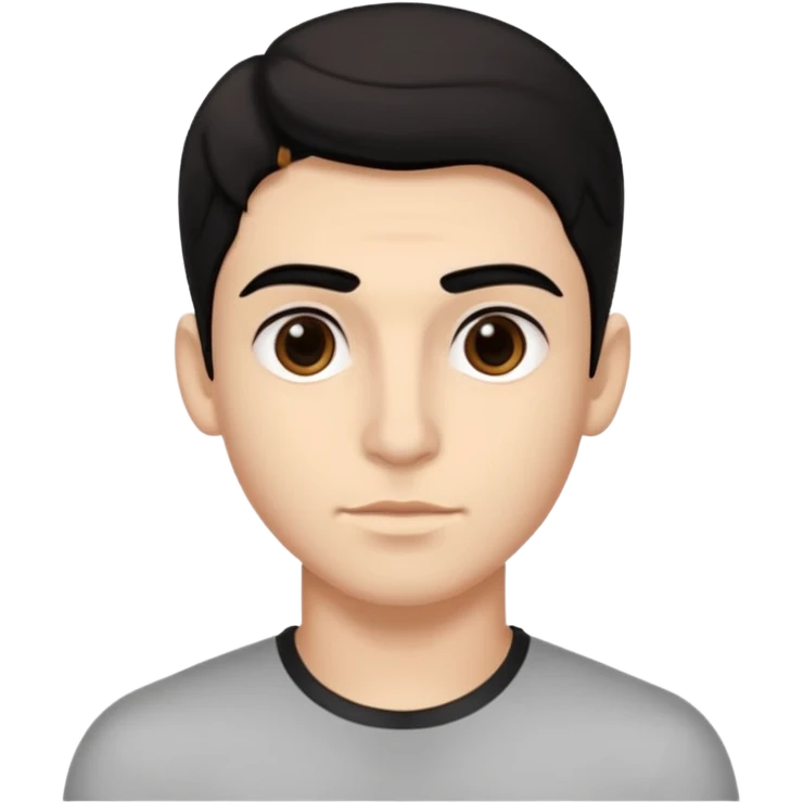 emoji a medio cuarpo, de un joven, con cejas gruesas, nariz medio grande, hombros anchos, sin sonrisa, hombros anchos, cabello medio ondulado con un corte juvenil, cabello negro. ojos negros. emoji