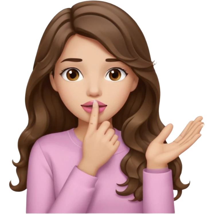 girl with wavy long brown hair, brown eyes, light to medium complexion, long lashes, light pink lipstick, wearing light pink shirt, sexy, hand covering mouth emoji