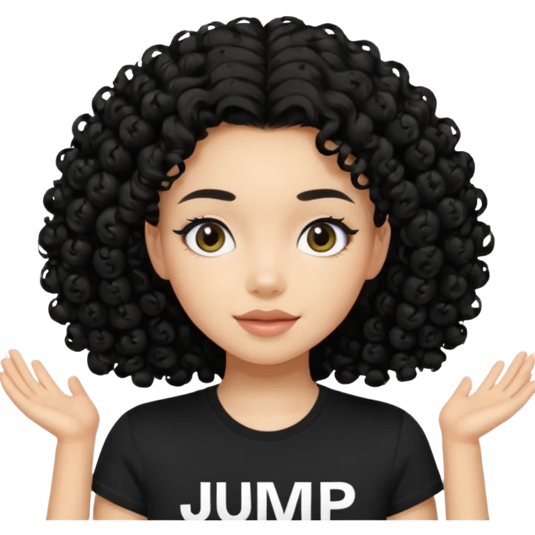 Jennie con una camiseta que ponga JUMP las letras de color blanco y el fondo de color negro el pelo de jennie negro y rizado emoji
