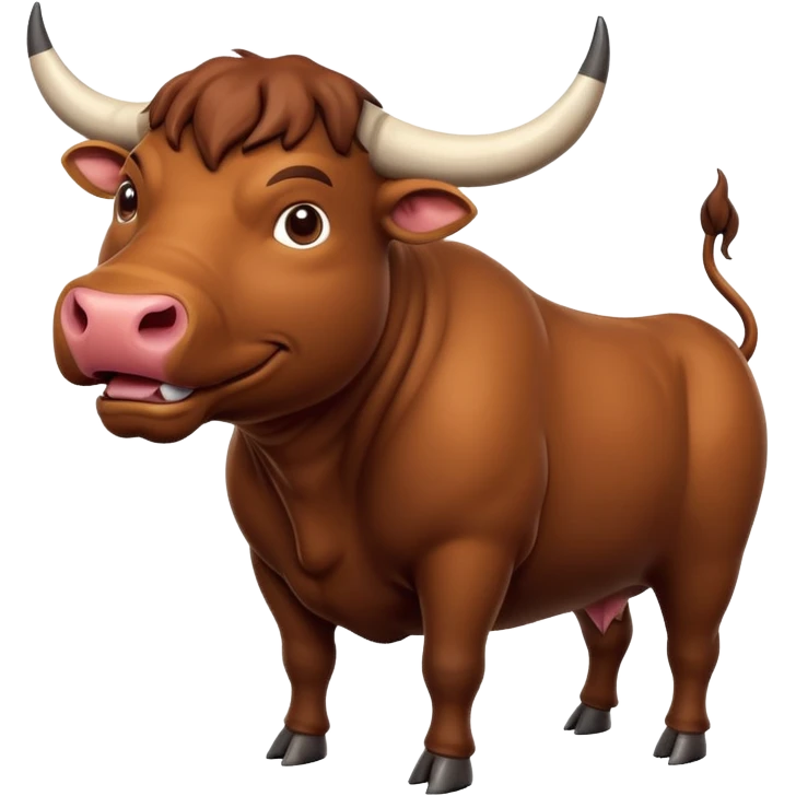 An adorable full-body 3d brown bull with large and exaggerated features in the shape of a ball. Make the background white emoji
