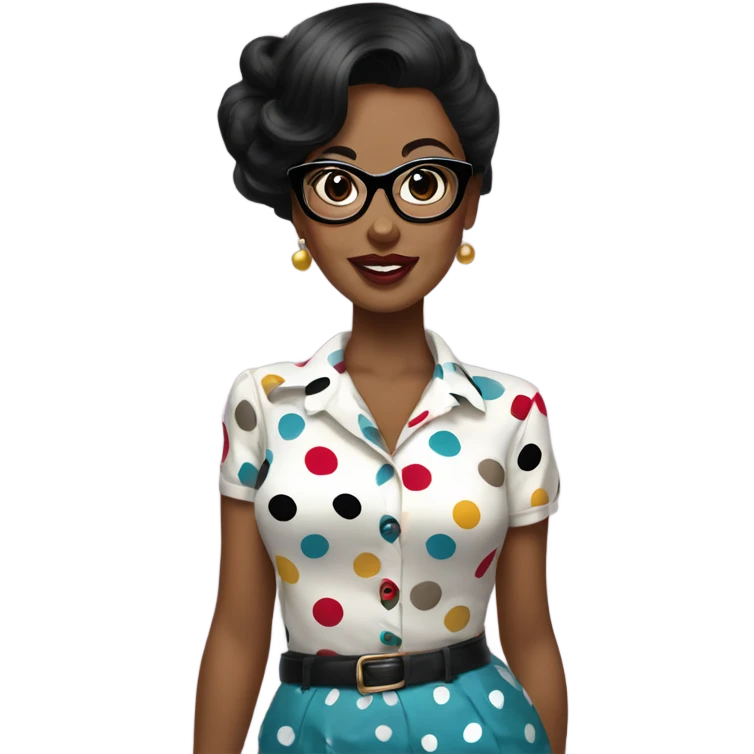 Black haired woman who wears classic pinup blouse with polka dots and big eyecat glasses  emoji