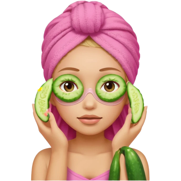 Girl with pink towel in hair cucumber slices covering eyes emoji