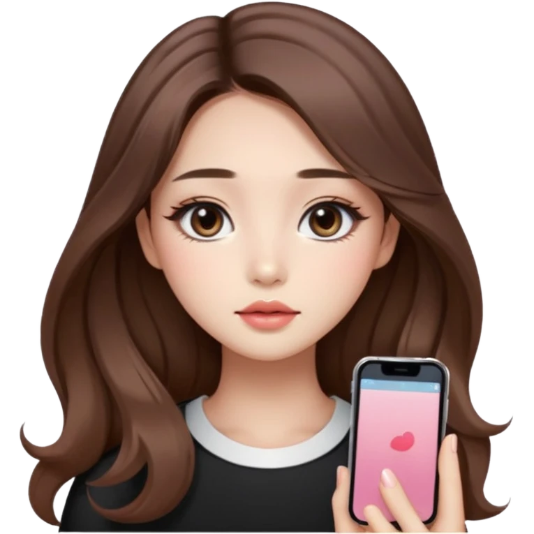 “korean straight brown hair Emoji girl, soft eyeliner and blush, gradient lips, light brown shimmer eyeshadow, long wavy hair,  emoji