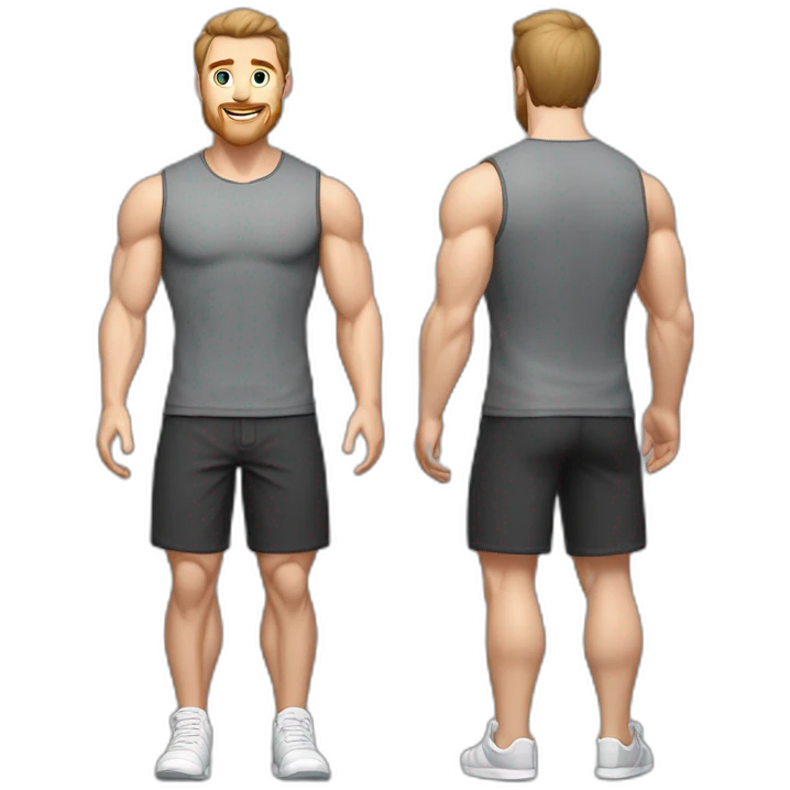 Full height Pale skinned muscular man With Realistic eyes and mouth, light brown hair and stubble In dark gray sleeveless mike, black oversize sports shorts, watch and white sneakers. emoji
