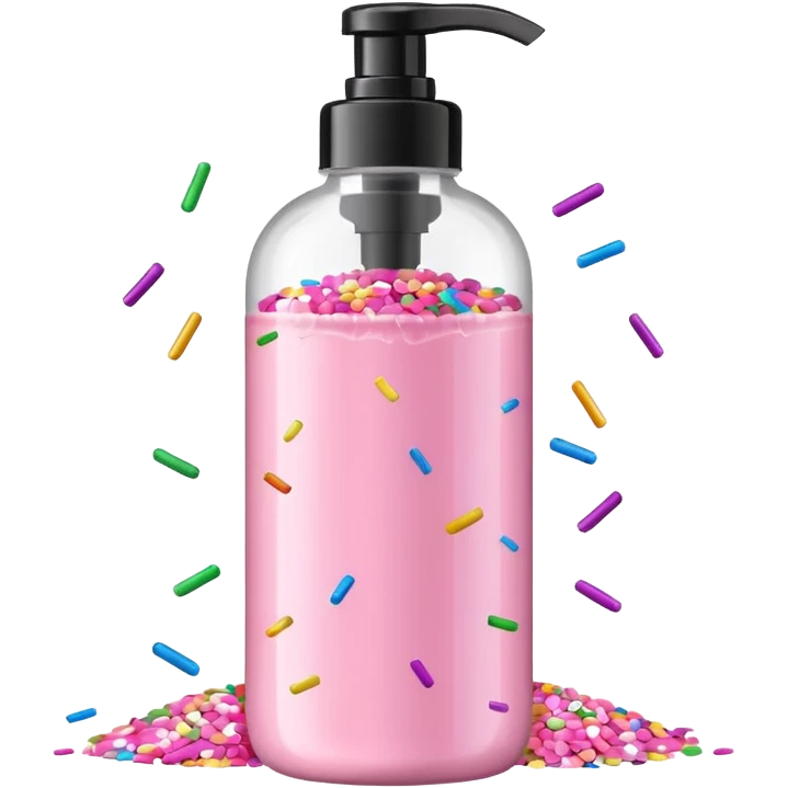 Pink shower gel light pink bottle with sprinkles and confeti on the bottle with a flip cap emoji