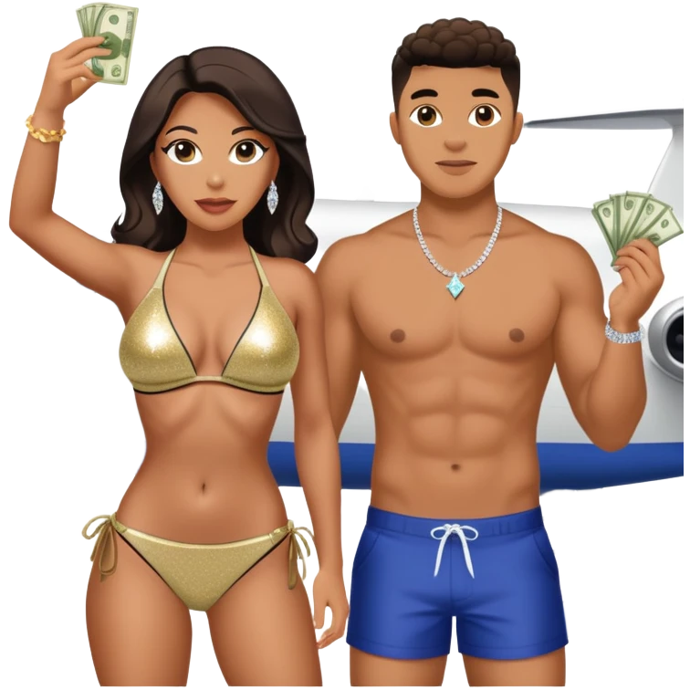 tefi valenzuela wearing diamond sparkle un top bikini and josh king madrid standing on private plane throwing money at her emoji