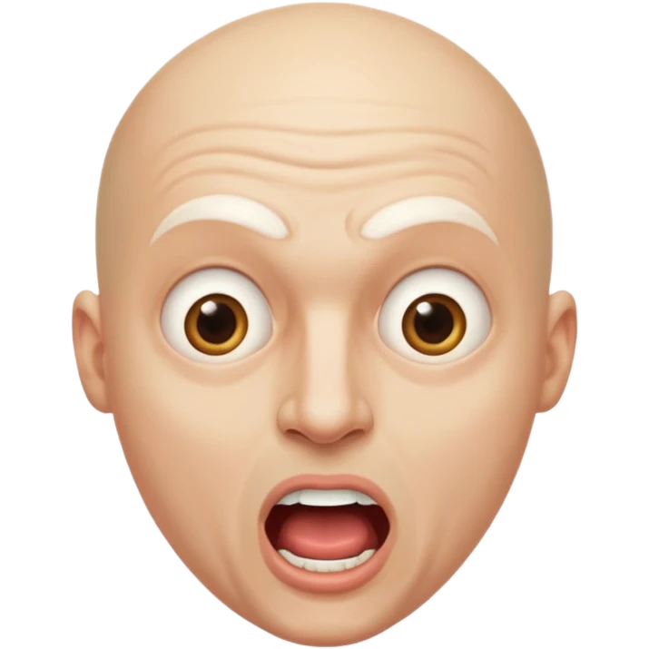 Cabaret portrait of a bald man with a whitened face and made-up eyes and mouth, a huge, wide-open mouth and a startled look emoji