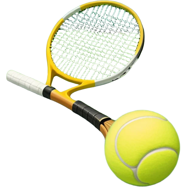 A tennis racket with a bright yellow tennis ball resting on it, set against the backdrop of a well-maintained tennis court. The scene emphasizes the smooth lines of the court and the focus on the ball and racket, symbolizing the elegance and precision of the sport emoji