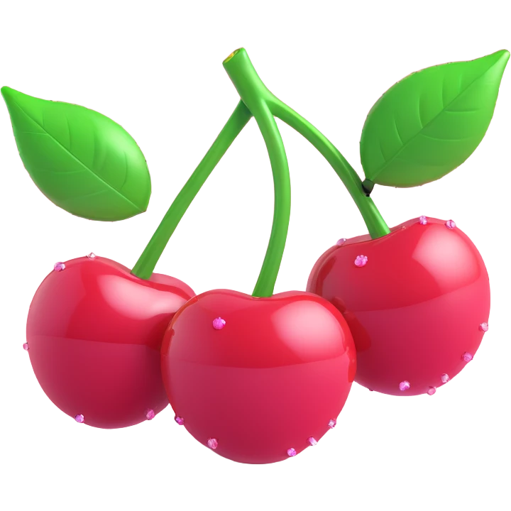 two cherries with green leaves connected by thin stems, glossy finish, 3D depth and shading, sparkles around, pink watercolor-like circles in the background, composition and pose matching reference image emoji