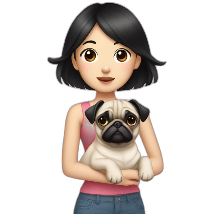 asian girl with black hair standing next to a cute pug  emoji