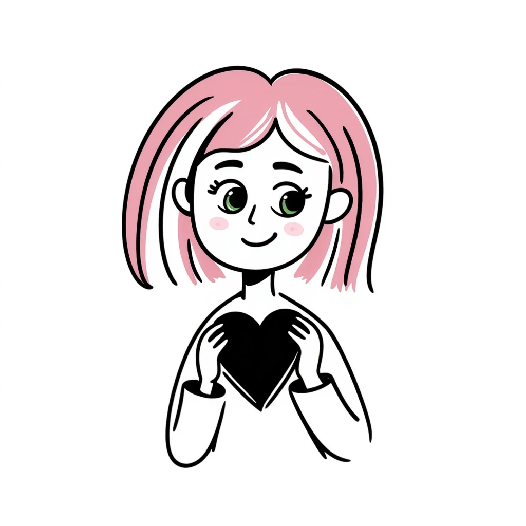 girl with pink and white hair, green eyes, smiling, holding a heart, doodle style emoji