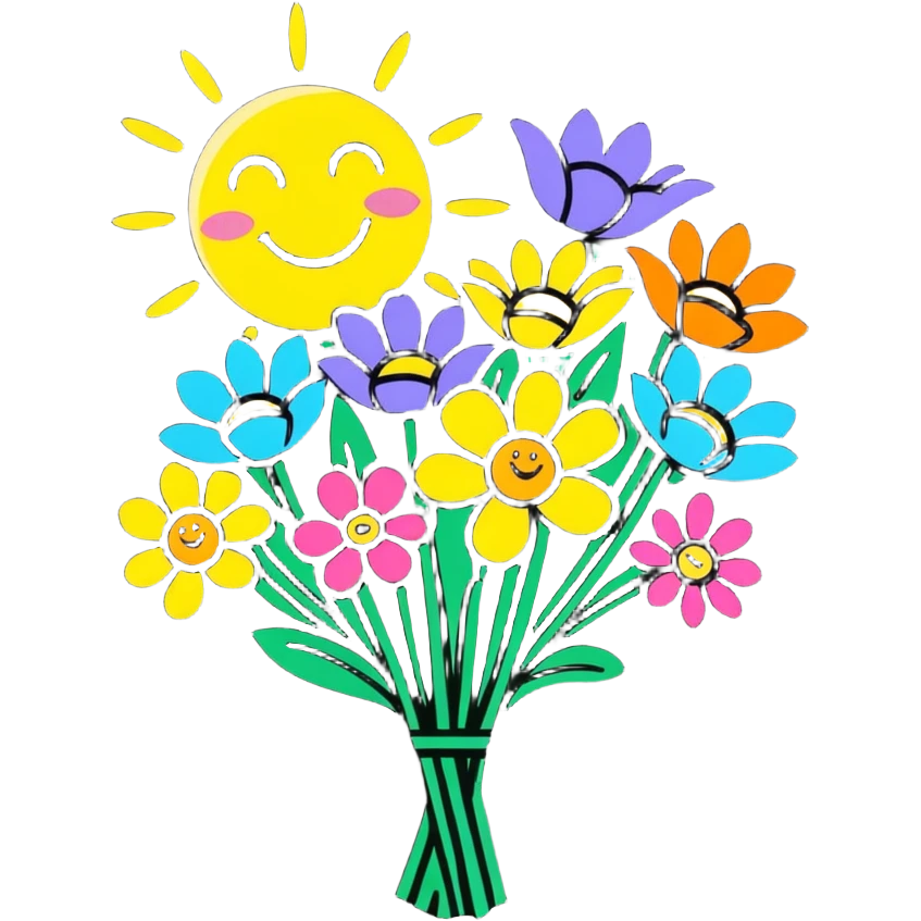 Spring flowers in garden with sun with inscription Good morning  emoji