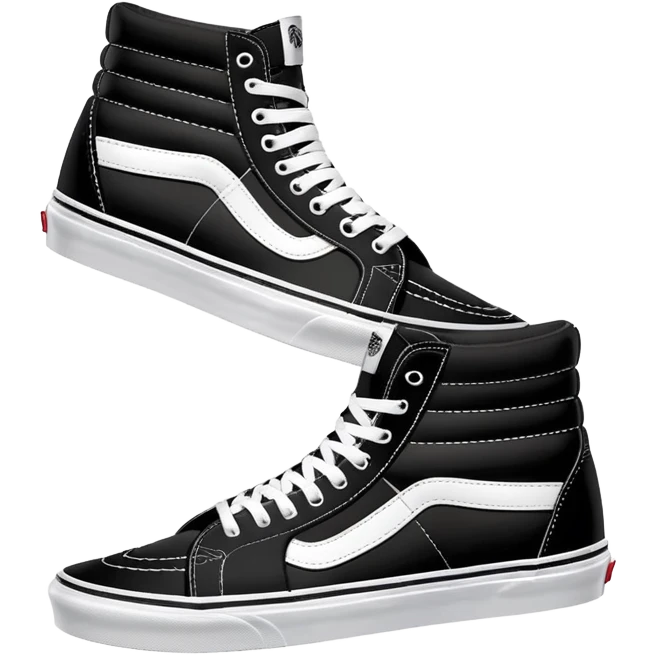 Black Vans Sk8-Hi high top shoes arranged as a pair with one slightly behind the other, classic black with white jazz stripe and white sole emoji