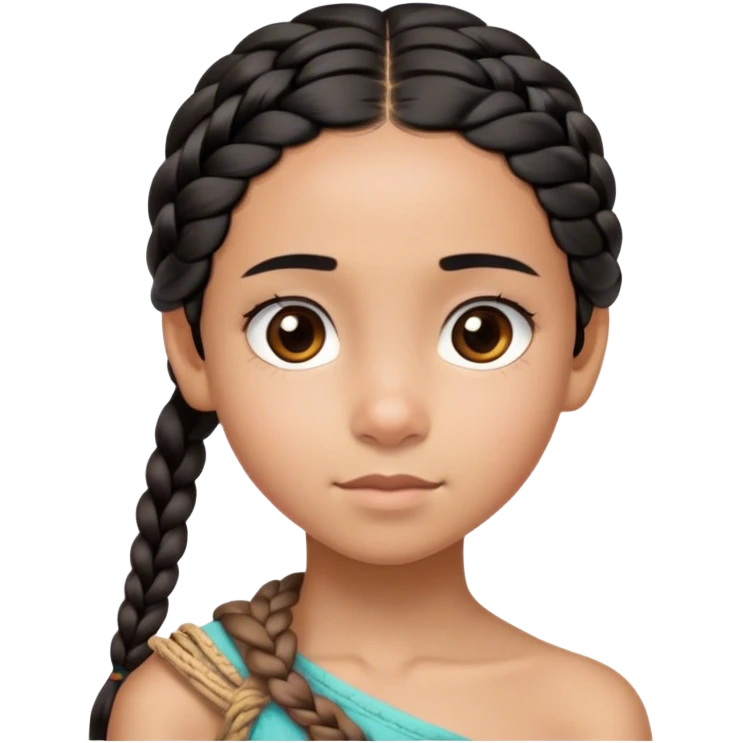 A thin 10-year-old mixed-race girl with almost black hair braided into a single plait draped over her shoulder and dark brown eye emoji