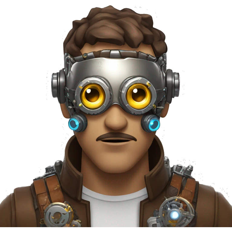 Brown short hair male cyborg head with silver steampunk goggles, brown beard and circuits emoji