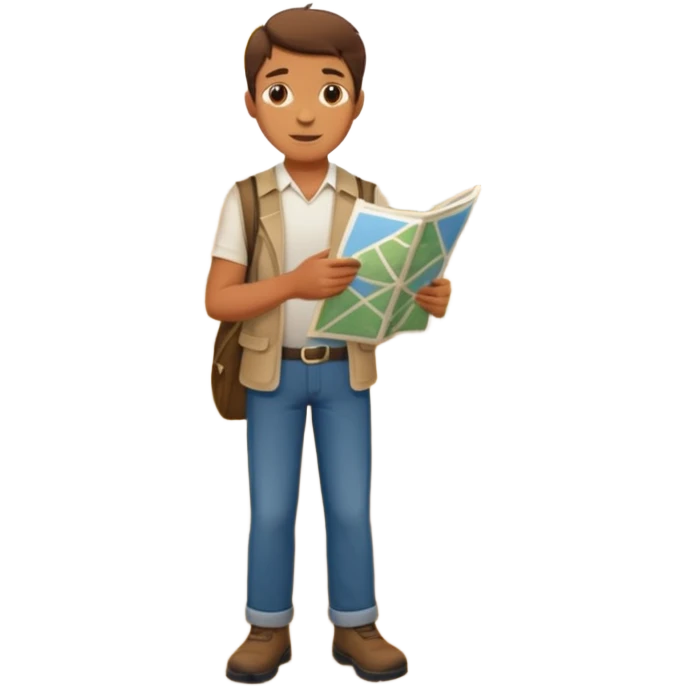 A man stands on a road with a map. There are 3 paths ahead. emoji