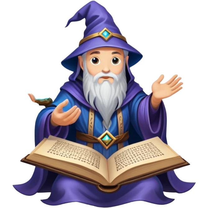 An icon representing an adventure game, inspired by mystical fantasy. The design features a wise and powerful wizard floating above an ancient spellbook, arcane runes glowing beneath him. The swirling cosmic background hints at deep magical knowledge, adventure, and untold power. Transparent background. emoji
