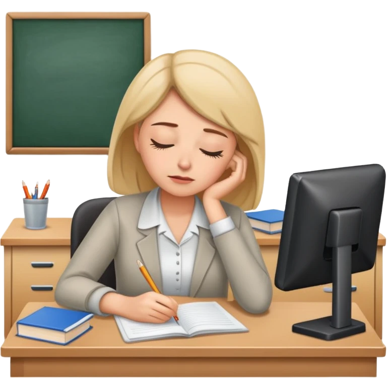 Tired woman teacher asleep at desk, classroom setting emoji