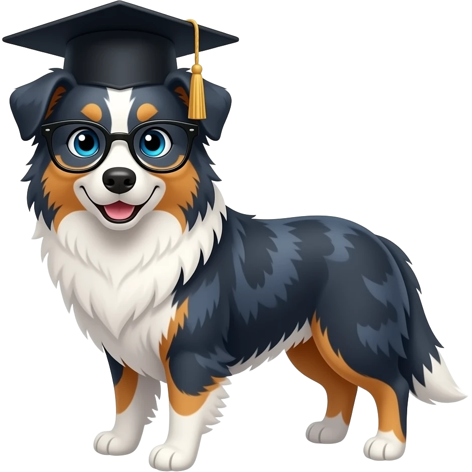 australian sheperd merle bleu, blue eyes, wearing nerd glasses and student gratuate hat emoji