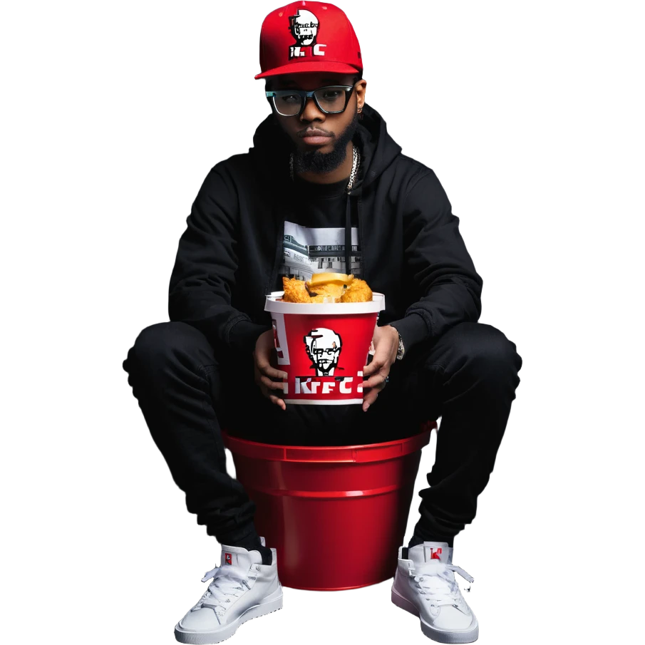 BBNO$ rapper sitting in a KFC bucket, glasses, beard, snapback cap emoji