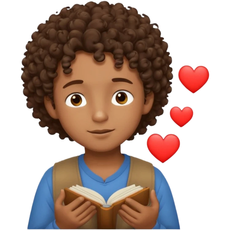 Brown boy with curly hair dreaming abouthis girlfriend small smirk on his face eyes closed with a little heart next to him emoji