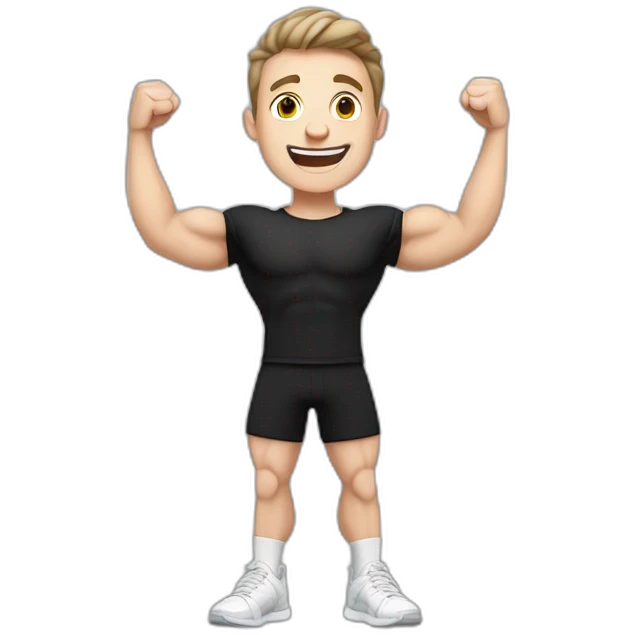 Joyful Celebrating victory Pale skinned Fit Man With the biceps and dark brown hair in black shirt, gray sports shorts and white Sneakers emoji