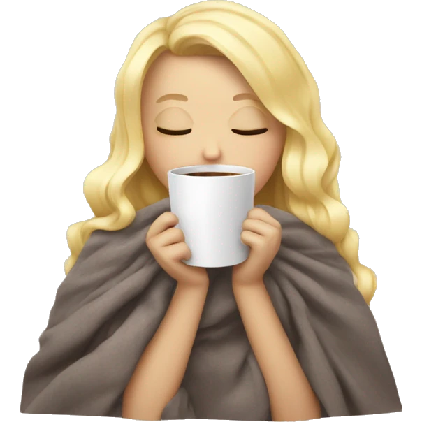 girl inside a blanket sipping coffee with a bow tie eyes closed with blonde hair and   emoji