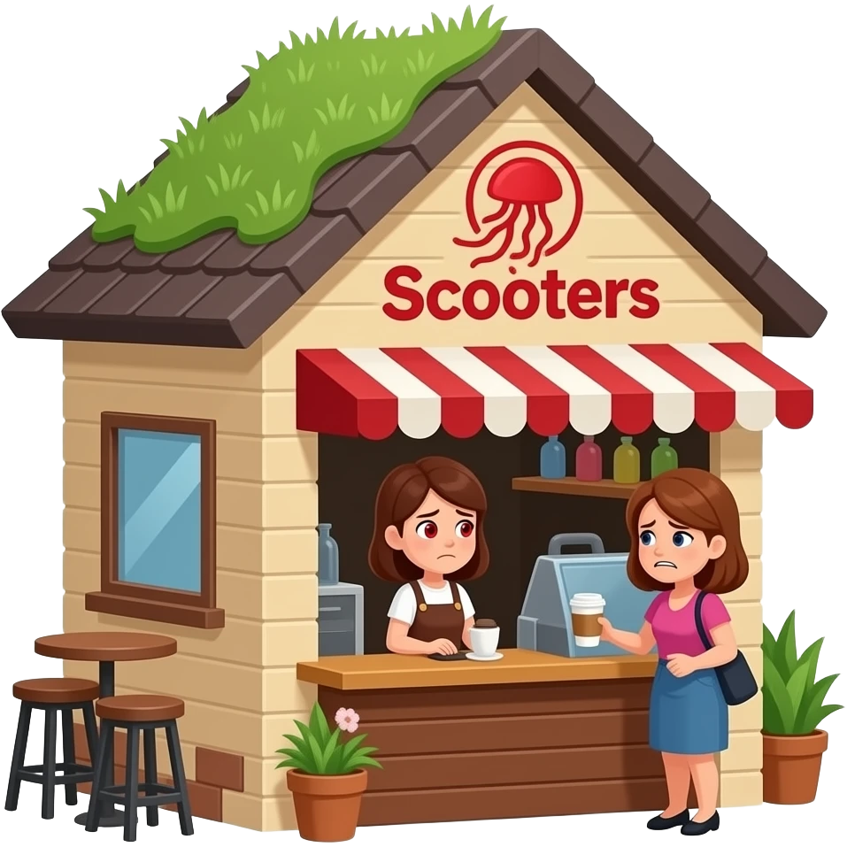 A coffee shop named "Scooters" with a pitched roof with grass growing on it. The logo is red with lettering and a jellyfish. the building walls are tan and brown. A lady with red stressed eyes is working the counter.  Another lady, even more stressed and mad buys coffee. emoji