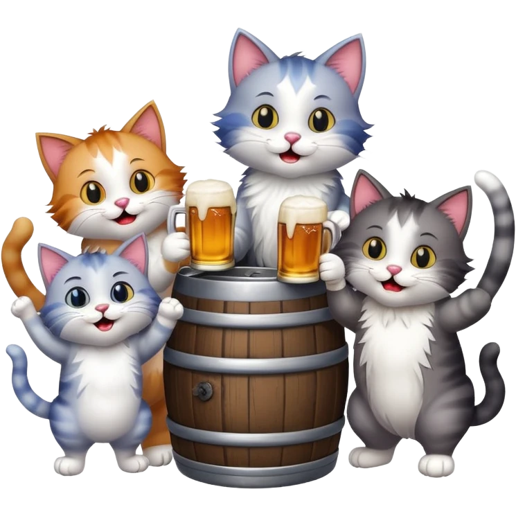 group of 7 cats standing around a beer keg, drinking, all with goofy playful expressions emoji