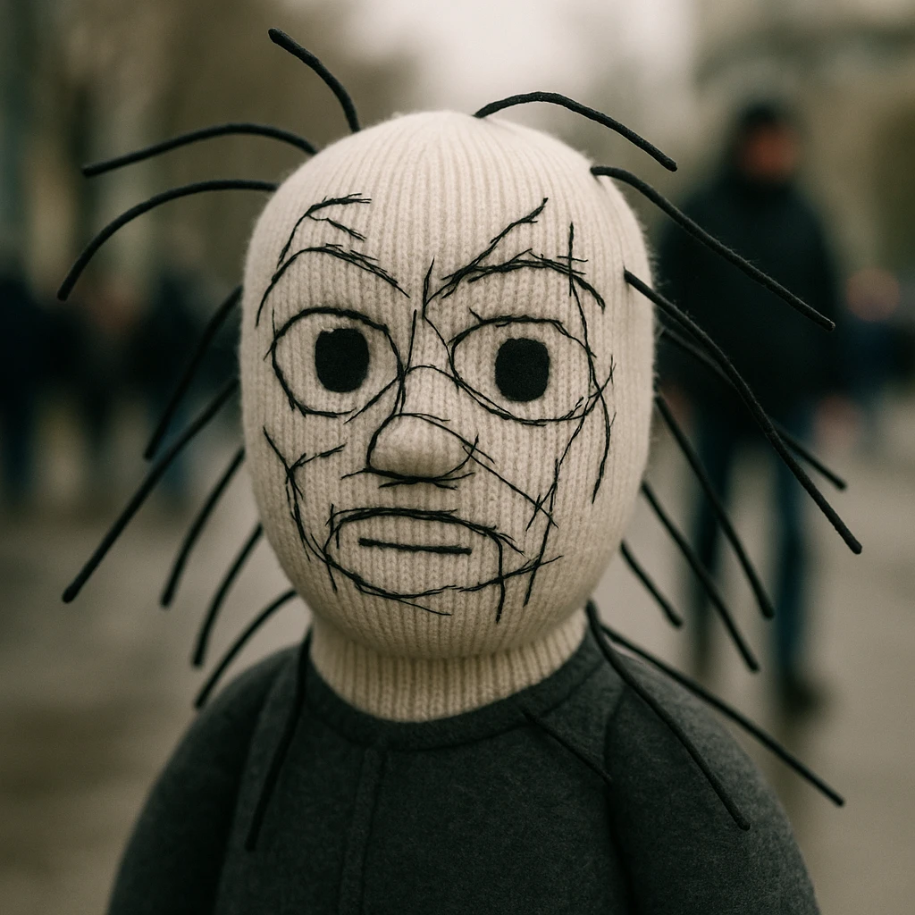 The mask is a full-head, white knitted balaclava with a tight ribbed texture. It features two asymmetrical eye openings and a partially exposed mouth area. Black thread is stitched across the surface in chaotic, abstract lines that trace facial features, giving a hand-drawn effect. Several black cords extend outward from the mask, varying in length and direction, adding a sculptural, almost organic appearance. The overall look is bold, handcrafted, and visually striking. emoji