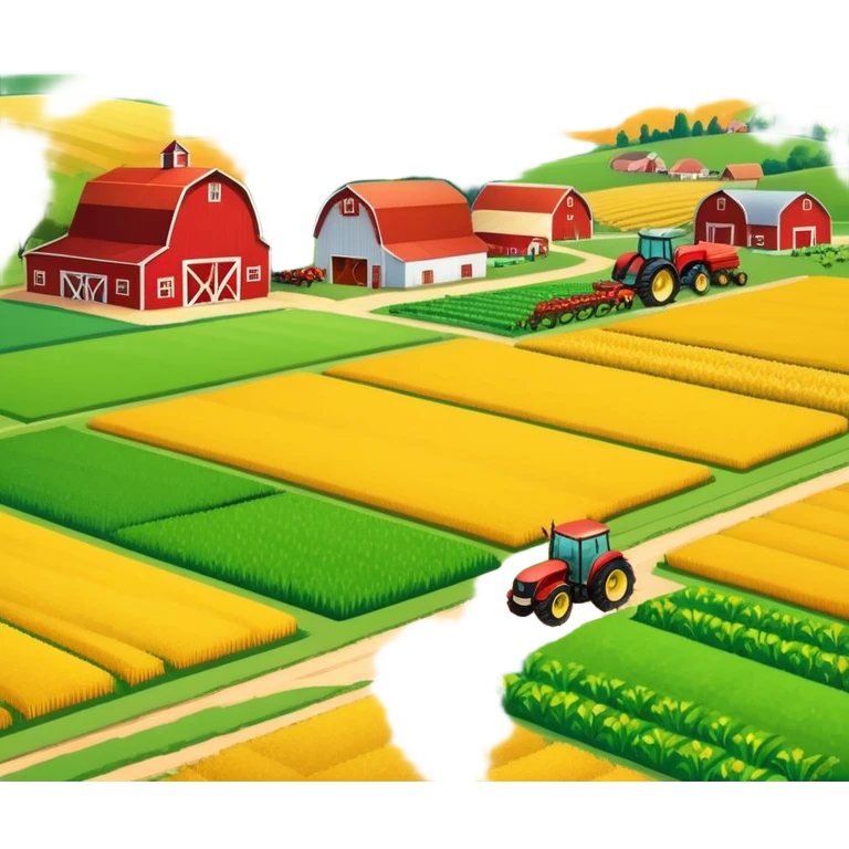 colorful rural landscape, inspired by farming simulators like Farming Simulator 22. The design shows fields, tractors, and barns, with vibrant crops and animals in the background. The peaceful farming scene symbolizes the immersive experience of managing a farm, with a transparent background emoji