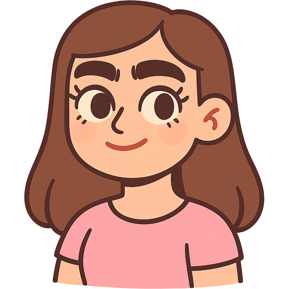 pastel toon style pretty girl with thick eyebrows, straight brown hair and brown eyes, curled eyelashes emoji