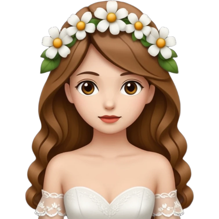 Chica blanca, cabello castaño, recogido en moño alto con mechones, vestido novia de manga larga, cuerpo entero, ramo de flores en una mano emoji