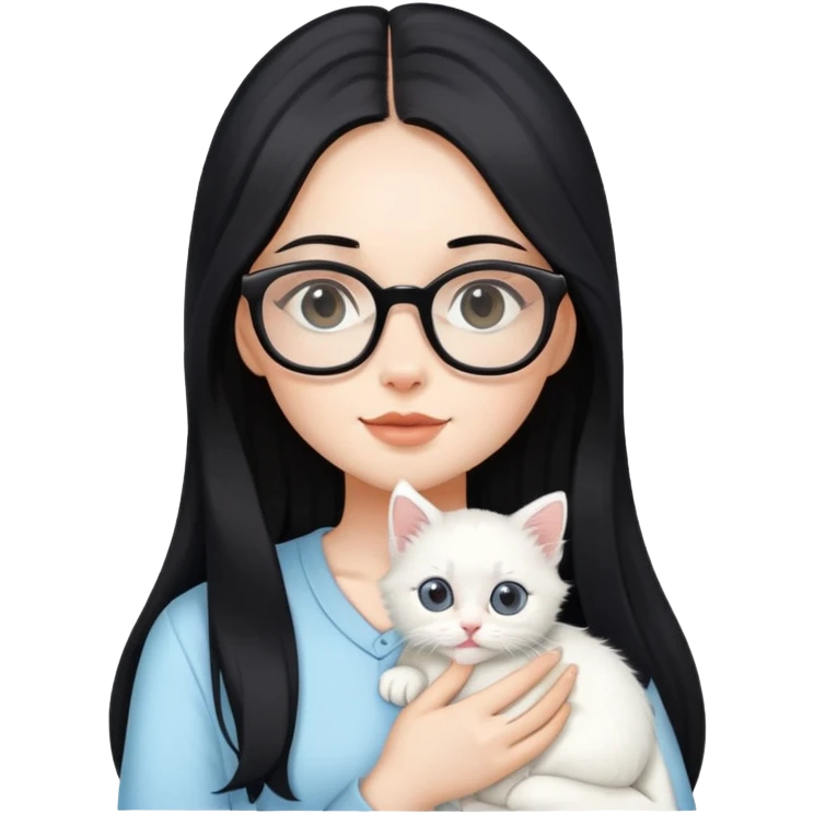 Beautiful girl with long black hair and glasses holding a white kitten emoji
