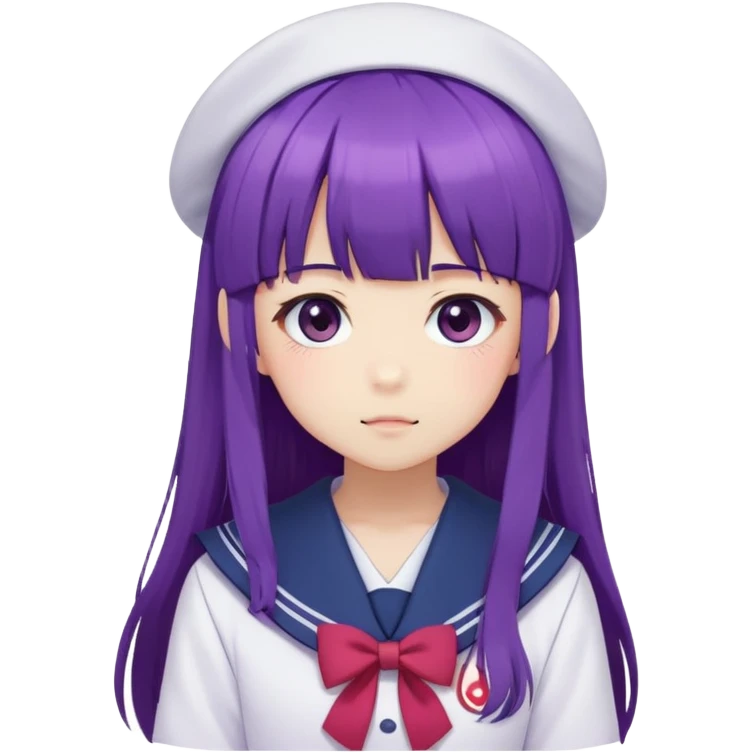 Shy anime girl with purple long hair and bangs wearing Japanese sailor style school uniform, blushing, kawaii style emoji