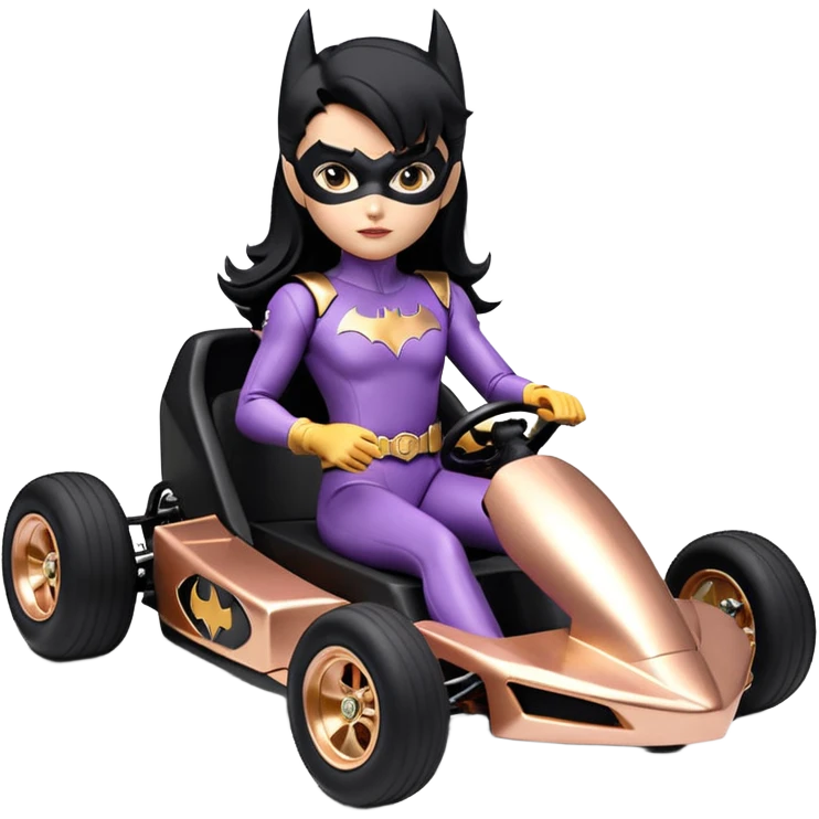 Hot full size real size -appearance electric racing action BatGirl’s feminine midnight-colored tight outfit sixty’s tv show 1992 dark stealthy sporty safe plush petite off-road pursuit cruiser car rose gold accents (black hair,reclined and relaxed torso and shoulders seating position) go kart  emoji